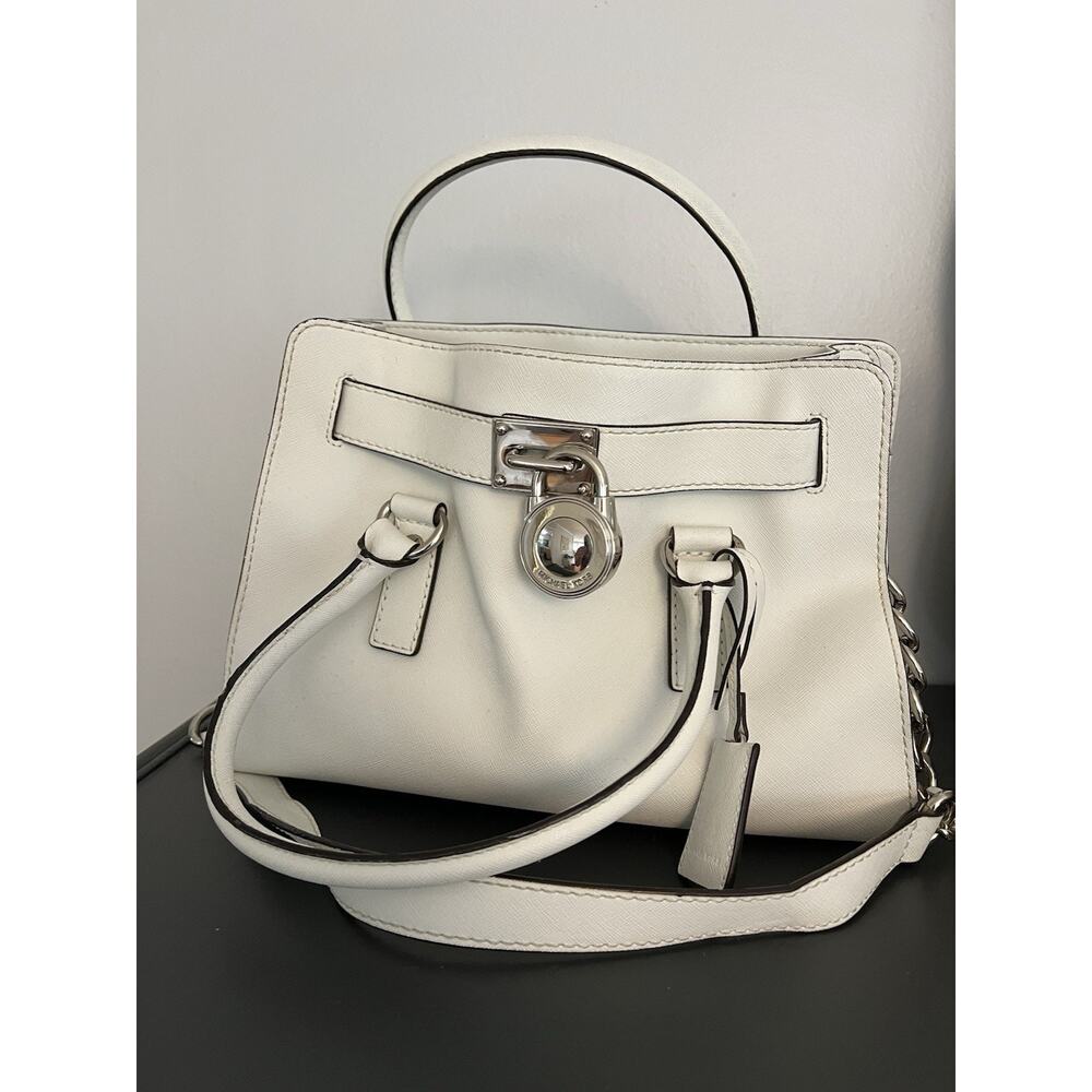 Michael Kors White Saffiano Leather Satchel Crossbody Handbag Purse Lock Key